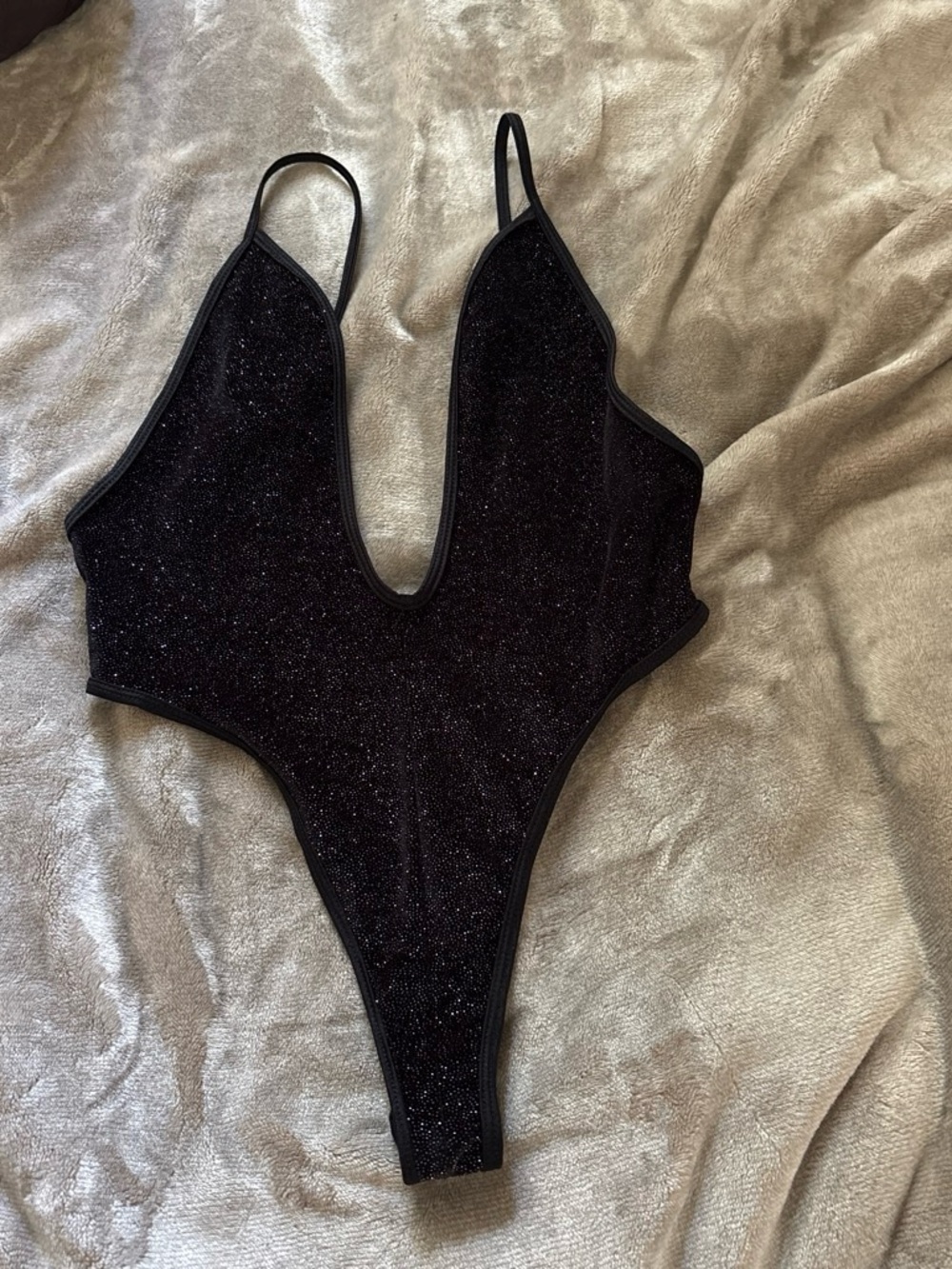 Sparkle Deep V Thong Bodysuit - Black
